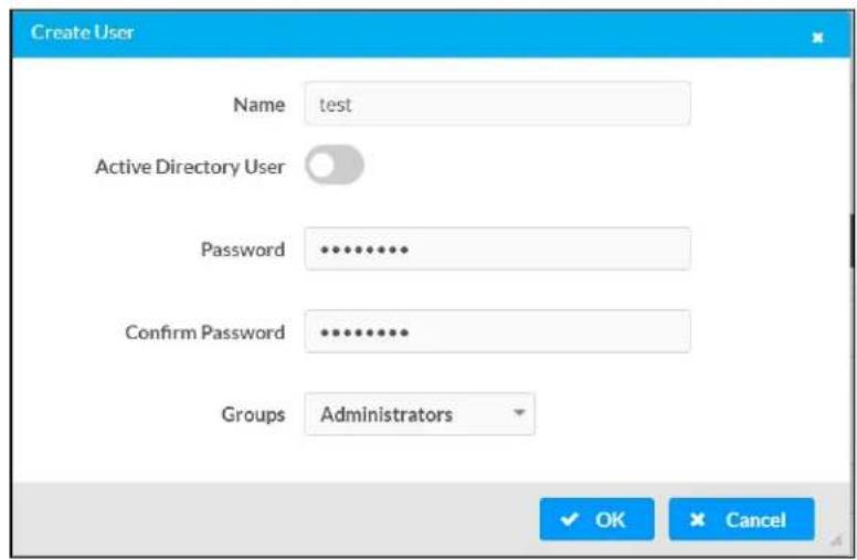 Create User Name test Active Directory User Password ********** Confirm Password ********** Groups Administrators OK Cancel