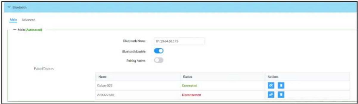 Bluetooth Main Advanced - Main (Autosaved) Bluetooth Name: IP: 10.64.68.175 Bluetooth Enable Pairing Active Paired Devices Name Status Actions Galaxy SZ2 Connected APX227328 Disconnected Back