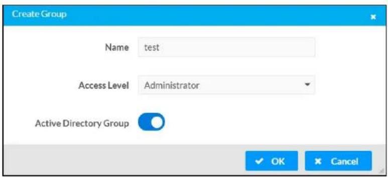 Create Group Name test Access Level Administrator Active Directory Group OK Cancel