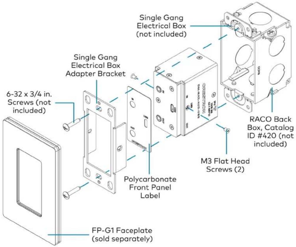 Single Gang Electrical Box (not included) Single Gang Electrical Box Adapter Bracket 6-32 x 3/4 in. Screws (not included) Polycarbonate Front Panel Label FP-G1 Faceplate (sold separately) Single Gang Back Box, Catalog ID #420 (not included) M3 Flat Head Screws (2)