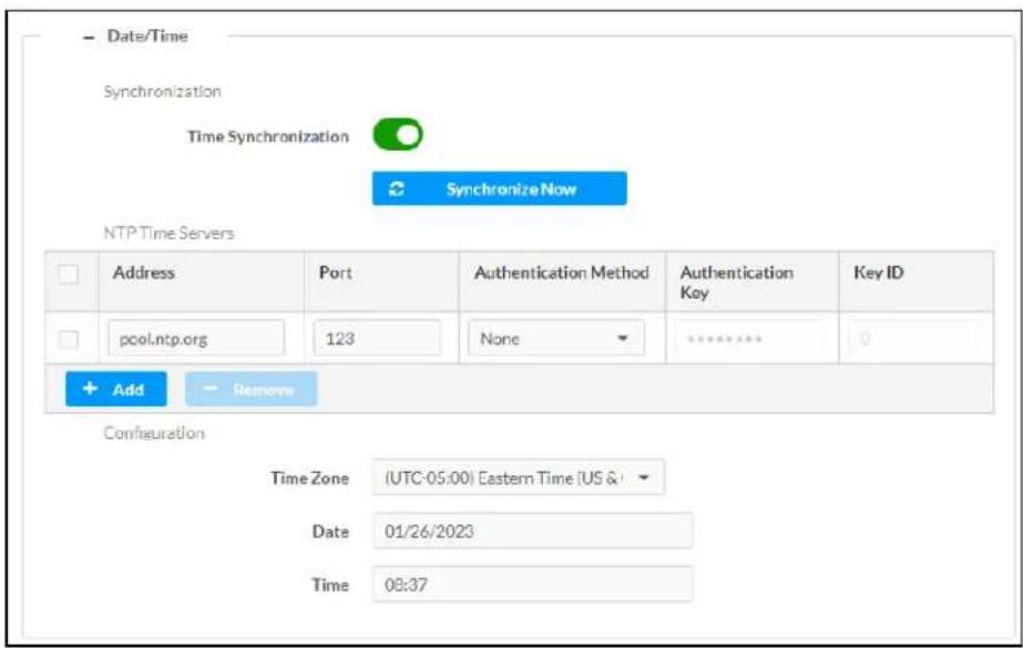 Date/Time Synchronization Time Synchronization Synchronize Now NTP Time Servers Address Port-Augustentication Method-Augustentication Key ID pool.ntp.org 123 None ********* 0 + Add - Remove Configuration Time Zone (UTC-05:00) Eastern Time (US &) Date 01/26/2023 Time 08:37