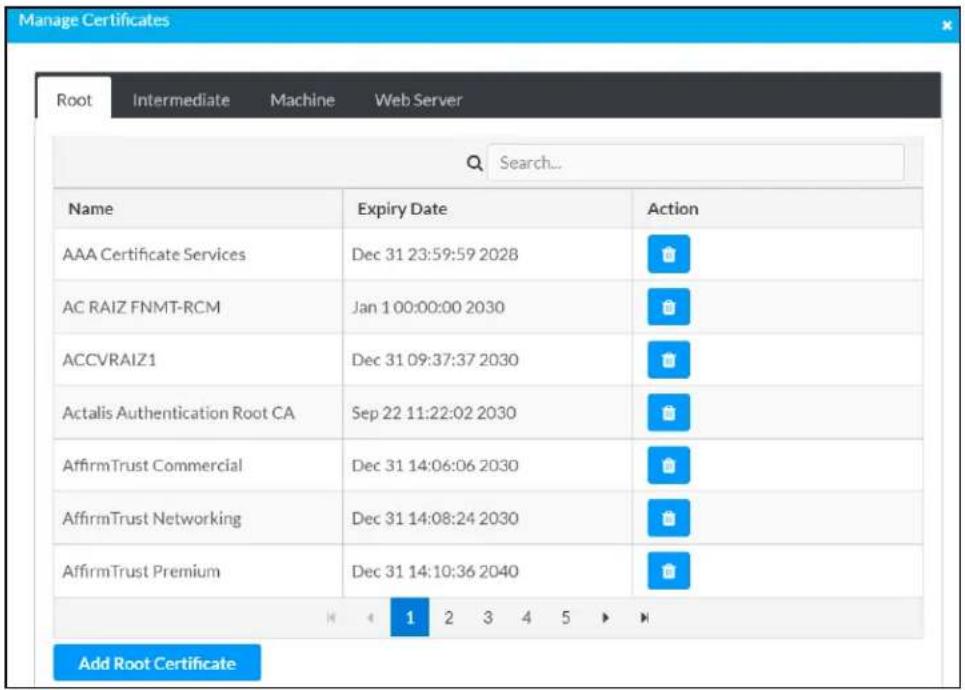 Manage Certificates Root Intermediate Machine Web Server Search... Name Expiry Date bipartition AAA Certificate Services Dec 31 23:59:59 2028 AC RAIZ FNMT-RCM Jan 1 00:00:00 2030 ACCVRAIZ1 Dec 31 09:37:37 2030 Actalis Authentication Root CA Sep 22 11:22:02 2030 AffirmTrust Commercial Dec 31 14:06:06 2030 AffirmTrust Networking Dec 31 14:08:24 2030 AffirmTrust Premium Dec 31 14:10:36 2040 Add Root Certificate