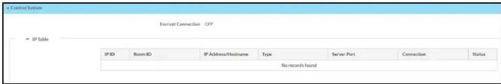 Control System Encrypt Connection OFF IP Table IP ID Room ID IP Address/Hostname Type Server Port Connection Status No records found