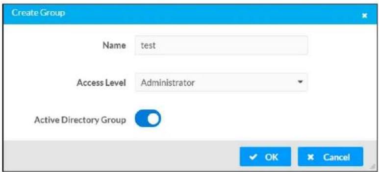 Create Group Name test Access Level Administrator Active Directory Group OK Cancel
