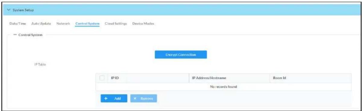 System Setup Date/Time Auto Update Network Cancel System Cloud Settings Device Modes Control System Encrypt Connection IP Table IP ID IP Address/Hostname Room Id No records found + Add +Remove