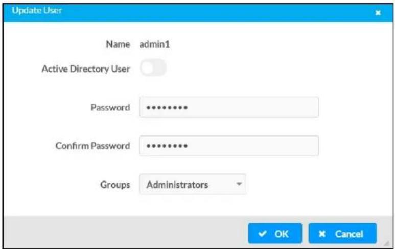 Update User Name admin1 Active Directory User Password ********** Confirm Password ********** Groups Administrators OK Cancel