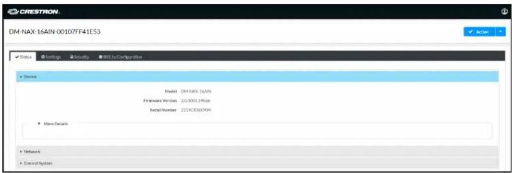 CRESTRON DM-NAX-16AIN-00107FF41E53 Status Settings Security 202.1x Configuration Device Model DM-NAX 5A/AN Firmware Version 220.000L19566 Serial Number 2219C8X80994 More Details Networks Control Systems