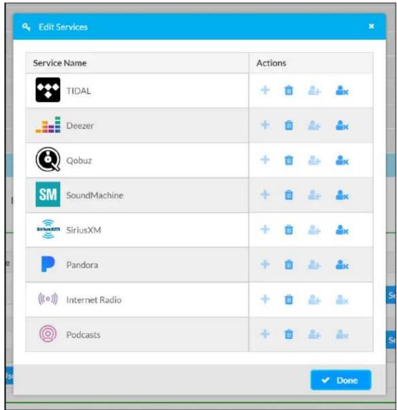 Edit Services Service Name Actions TIDAL + Deezer + Qobuz + SoundMachine + SiriusXM + Pandora + Internet Radio + Podcasts + Done