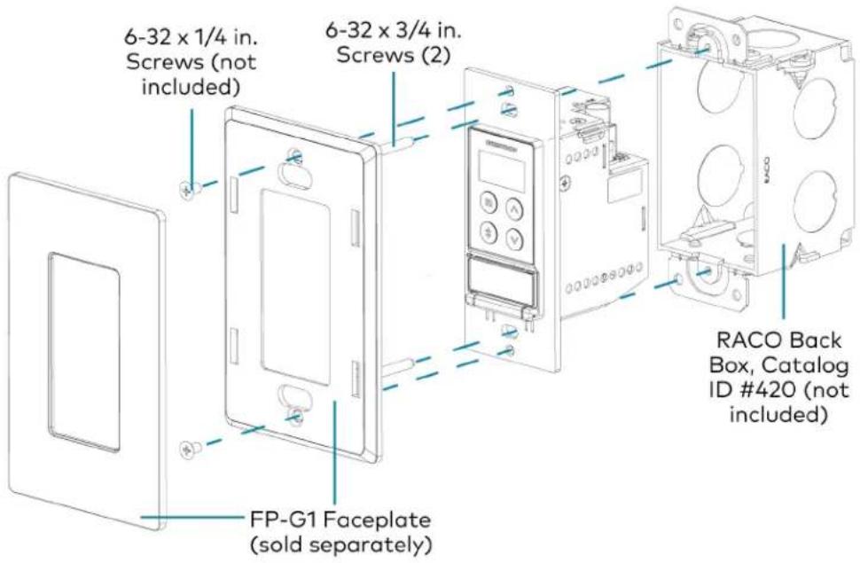 6-32 x 1/4 in. Screws (not included) 6-32 x 3/4 in. Screws (2) FP-G1 Faceplate (sold separately) RACO Back Box, Catalog ID #420 (not included)