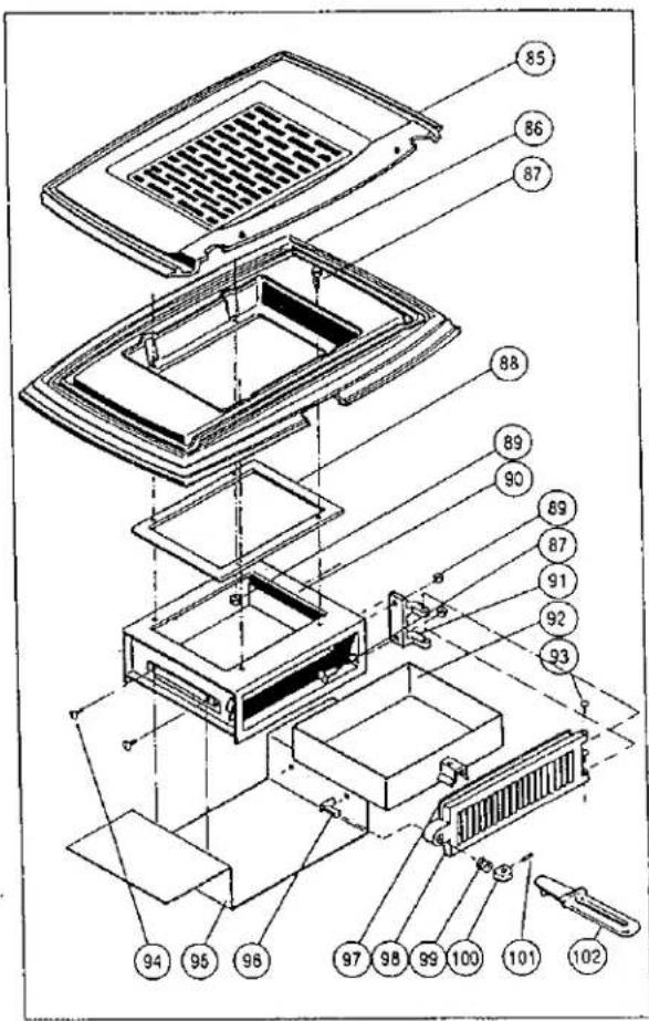 Exploded view diagram of a refrigerator with numbered parts for identification