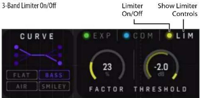 3-Band Limiter On/Off Limiter On/Off Show Limiter Controls CURVE EXP COM LIM 23 - -2.0 dB FLAT BASS AIR SMILEY FACTOR THRESHOLD