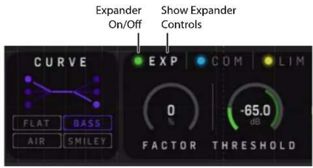 Expander On/Off Show Expander Controls CURVE EXP COM LIM 0 % -65.0 dB FACTOR THRESHOLD