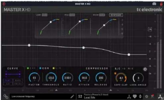 MASTER X HD tc electronic CURVE LAX COM LIM 63 FACTOR THRESHOLD RATIO 2.50:1 ATTACK RELEASE S/O 10 NIE -8.1 SOFF CLIP LOOK.AHEAD Low crossover frequency 52 Factory Press In:5 Vocal Lead Me