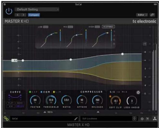 Default Setting Master X HD tc electronic SoC#E Editor Comparison 0.3 LOW MUS HIGH RESPONSE CURVE EXP COM LTR COMPRESSOR S/C 10 MIB 50 12.0 2.5:1 10 150 6:1 3 FACTOR THRESHOLD RATIO ATTACK RELEASE SOCal Soundness MASTER X HD