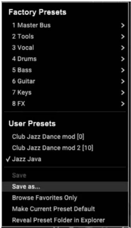 Factory Presets 1 Master Bus > 2 Tools > 3 Vocal > 4 Drums > 5 Bass > 6 Guitar > 7 Keys > 8 FX >