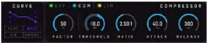CURVE EXP COM LIM FLAT MASS AIR SHILEY 50 % -18.0 42 2.50:1 FACTOR THRESHOLD RATIO 40.0 ATTACK RELEASE 300 m/s