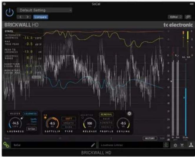 SoCal Default Setting Store Editor BRICKWALL HD STATS INTOATED LOUDNESS MAX TRUE PEAK -14.4 LOPS -0.5 dBTP PEAK TO LOUDNESS -13.9 dB LOWNESS MAX 8.7 SU SUBSTOCK LOUDNESS 6.4 LOPS MOUNTED LOUDNESS 3.3 LOPS SOCS to electronic MASTER LOUDNESS -14.5 LOPS SOFT SOUTCLIP TYPE RELEASE PROFILE CEILING GENERAL BEER AVERAGE SOATS -0.5 dB Loudness Limiter SoCal BRICKWALL HD