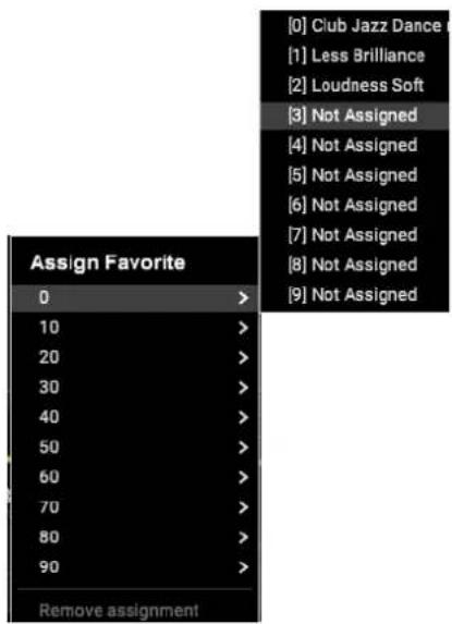 [0] Club Jazz Dance [1] Less Brilliance [2] Loudness Soft [3] Not Assigned [4] Not Assigned [5] Not Assigned [6] Not Assigned [7] Not Assigned [8] Not Assigned [9] Not Assigned Assign Favorite 0 > 10 > 20 > 30 > 40 > 50 > 60 > 70 > 80 > 90 > Remove assignment