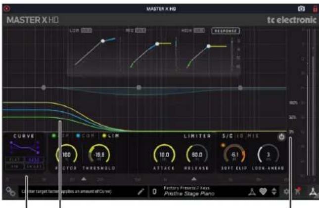 MASTER X HD TC electronic COR LIM LIMITER S/C 10 M/S 100 -18.6 10.0 90.0 -6.1 3 VECTOR THRESHOLD ATTACK RELEASE SOFT CLIP LOOK AHEAD Lower target factor ( supplies an amount of Curve ) Factory Presets Key Positive Stage Piano