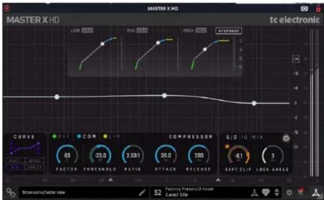 MASTER X HD tc electronic LOW 100% MID 100% HIGH 100% RESPONSE CURVE EAK COM LIM COMPRESSOR S/O 10 MIX 83 -23.0 2.50:1 30.0 200 -8.1 3 FACTORY PRESSETCH VOCAL LEAF: Mio Show curve/factor view 52 Factory Presetach Vocal Lease: Mio