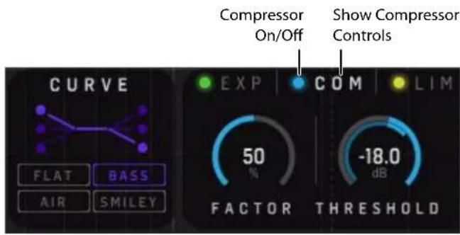 Compressor On/Off Show Compressor Controls CURVE EXP COM LIM FLAT BASS 50 % AIR SMILEY % -18.0 dB FACTOR THRESHOLD