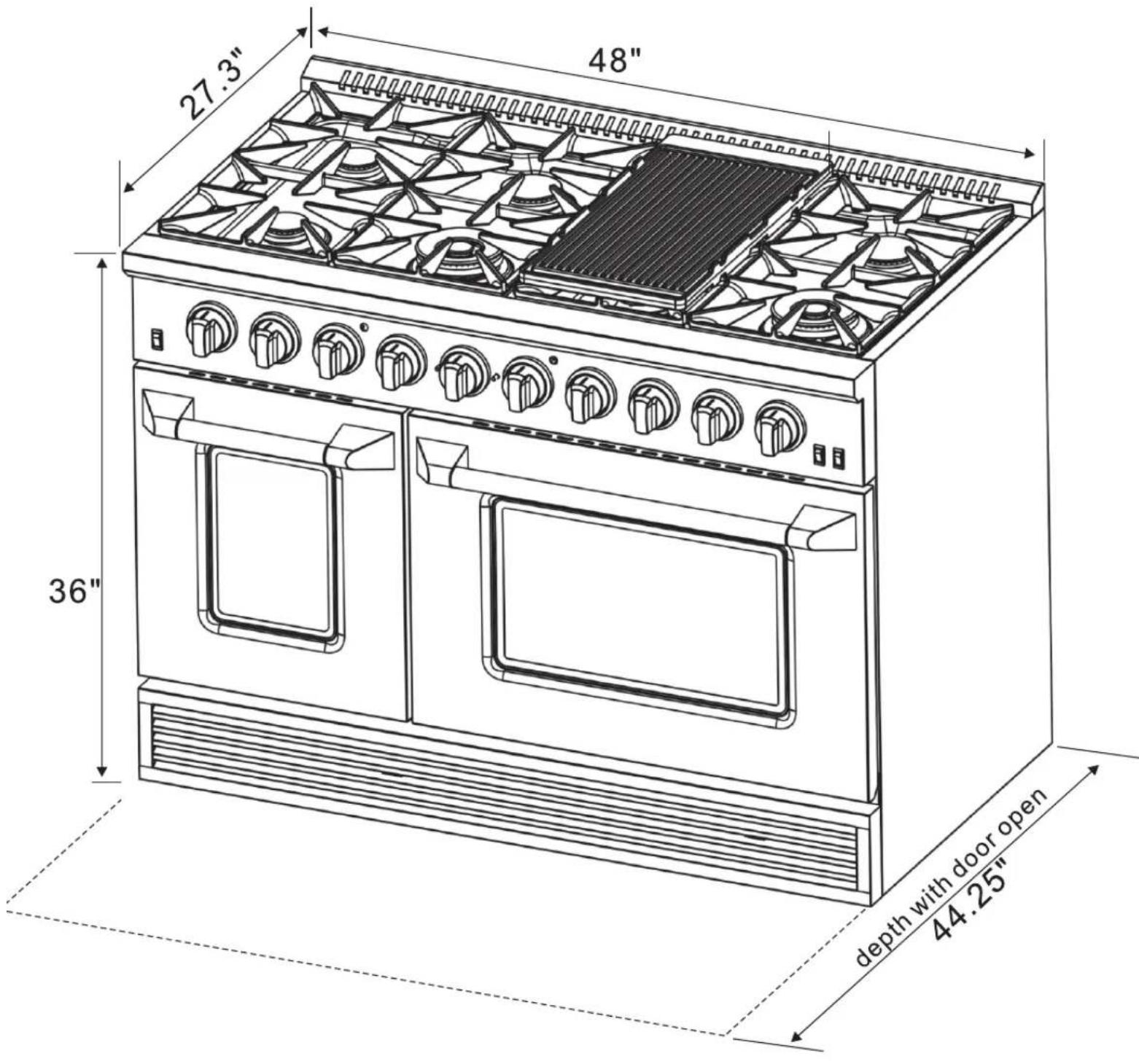 27.3" 48" 36" depth with door open 44.25"