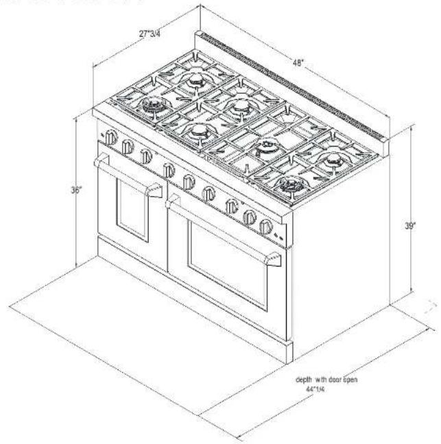 27"3/4" 48" 36" 39" depth with door open 44"1/4"
