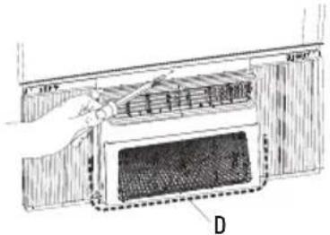 Technical diagram showing a hand using a tool to install a component labeled 'D', with visible text and dimension lines.