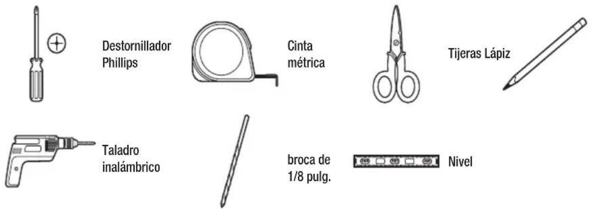 Destornillador Phillips Cinta métrica Tijeras Lápiz Taladro inalámbrico broca de 1/8 pulg. Nivel