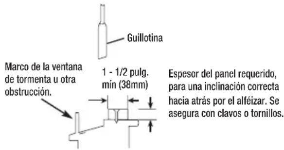 Guillotina Marco de la ventana de tormenta u otra obstrucción. 1 - 1/2 pulg. min (38mm) Espesor del panel requerido, para una inclinación correcta hacia atrás por el alféizar. Se asegura con clavos o tornillos.