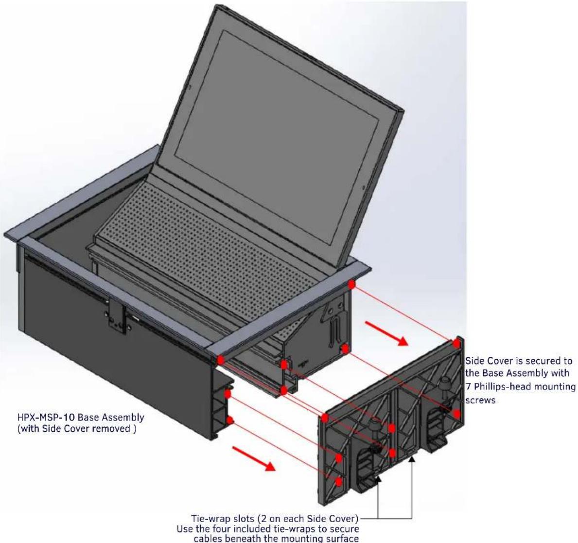 HPX-MSP-10 Base Assembly (with Side Cover removed ) Side Cover is secured to the Base Assembly with 7 Phillips-head mounting screws Tie-wrap slots (2 on each Side Cover) Use the four included tie-wraps to secure cables beneath the mounting surface