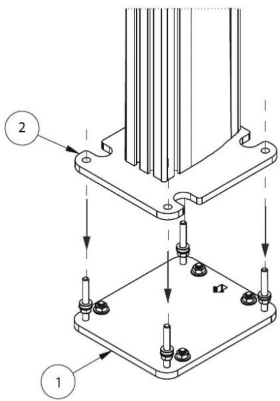 Technical diagram showing two mechanical assembly steps with labeled components 1 and 2