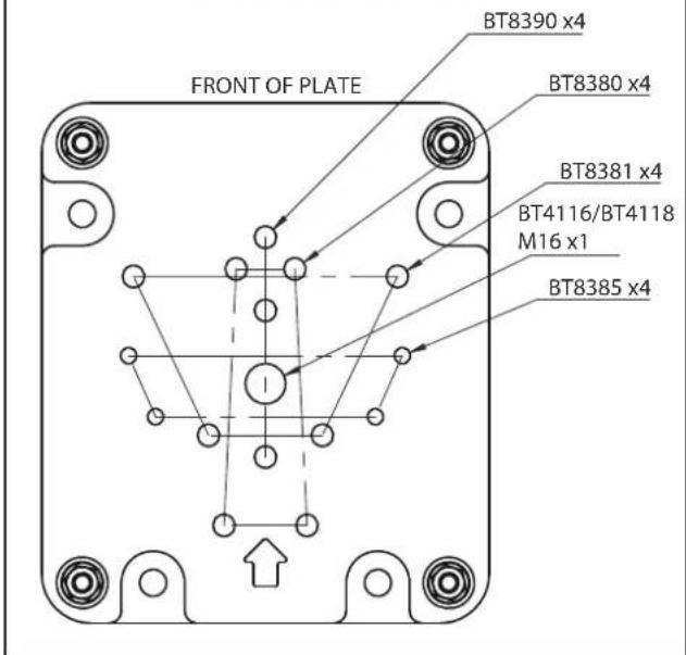 FRONT OF PLATE BT8390 x4 BT8380 x4 BT8381 x4 BT4116/BT4118 M16 x1 BT8385 x4