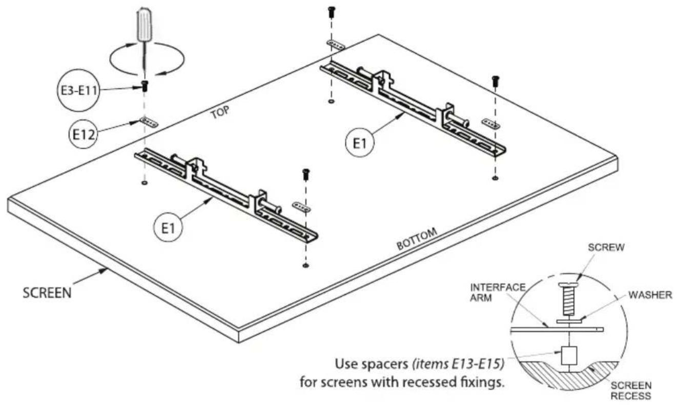 E3-E11 E12 TOP E1 BOTTOM E1 SCREEN Use spacers (items E13-E15) for screens with recessed fixings. SCREW INTERFACE ARM WASHER SCREEN RECESS