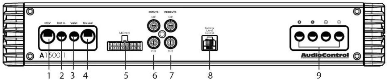 +12V A1500 1 1 2 3 4 LEDirect 5 6 7 INPUTS PREOUTS CH1 CH1 CH2 CH2 Sample Level Control AudioControl 9