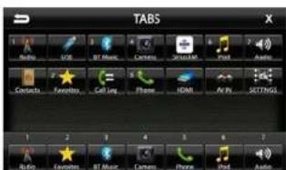 TABS Audio USB BT Music Camera Smartbox iPod Audio Contacts Favorites Call log Phone HTML Air Inv SETTINGS Audio Favorites BT Music Camera Phone iPod Audio