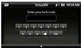 SiriusXM 09:58 AM Enter your lock code 1 2 3 4 5 6 7 8 9 0 OK