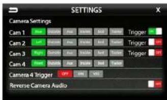 SETTINGS Camera Settings Cam 1 Cam 2 Cam 3 Cam 4 Camera 4 Trigger Reverse Camera Audio