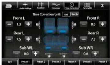 Auto setting Rearer Crossover Time Correction Factory KG Front L Time Correction Unit ms Inch Front R 1.3 0.0 Rear L 7.5 Rear R 7.3 Sub WL 0.0 Sub WR 0.0 OFF Preset 1 Preset 2 Preset 3 Preset 4 Preset 5 Preset 6