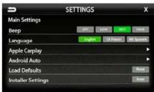 SETTINGS Main Settings Beep OFF LIFE NEW HORN Language English CHORN MY Speech Apple Carplay Android Auto Load Defaults Read Installer Settings