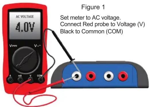 Figure 1 Set meter to AC voltage. Connect Red probe to Voltage (V) Black to Common (COM)