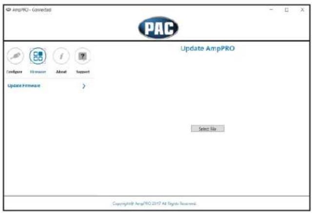 AmpPRO - Connected PAC Update AmpPRO Configure Hardware About Support Update Firmware > Select File Copyright© AmpPRO 2017 All Rights Reserved.