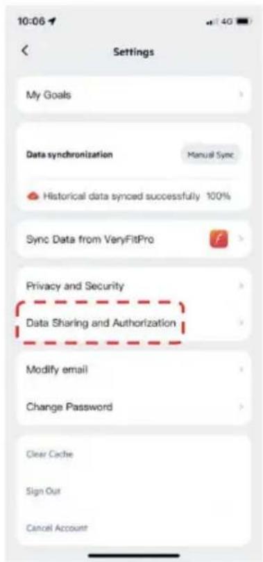 10:06 Settings My Goals Data synchronization Manual Sync Historical data synced successfully 100% Sync Data from VeryFitPro Privacy and Security Data Sharing and Authorization Modify email Change Password Clear Cache Sign Out Cancel Account