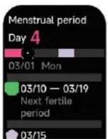 Menstrual period Day 4 03/01 Mon 03/10 — 03/19 Next fertile period 03/15