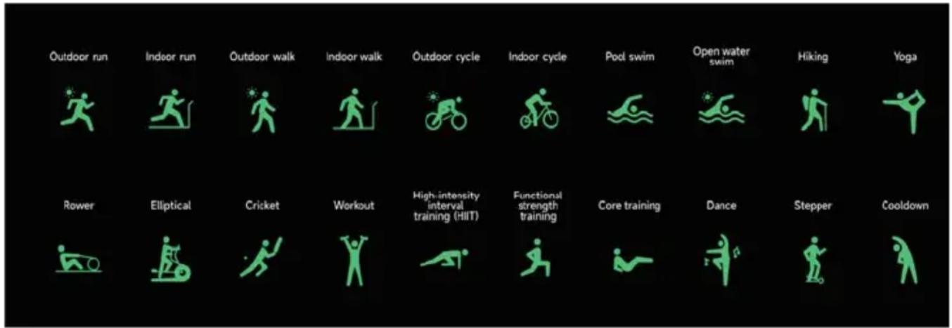 Outdoor run Indoor run Outdoor walk Indoor walk Outdoor cycle Indoor cycle Pool swim Open water swim Hiking Yoga Rower Elliptical Cricket Workout High-intensity interval training (HIIT) Functional strength training Core training Dance Stepper Cooldown