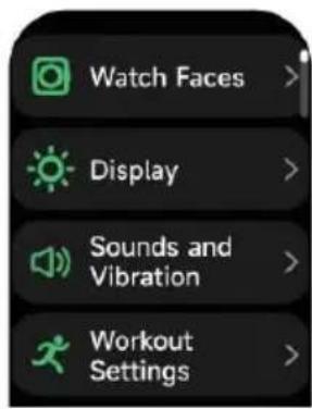 Watch Faces > Display > Sounds and Vibration > Workout Settings >
