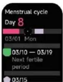 Menstrual cycle Day 8 03/01 Mon 03/10 — 03/19 Next fertile period 03/15