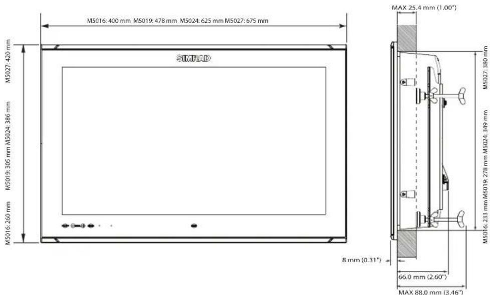 M5016: 400 mm M5019: 478 mm M5024: 625 mm M5027: 675 mm M5027: 420 mm SIMPAD M5019: 305 mm M5024: 386 mm M5016: 260 mm MAX 25.4 mm (1.00°) M5027: 380 mm M5016: 233 mm M5019: 278 mm M5024: 349 mm 8 mm (0.31") 66.0 mm (2.60°) MAX 88.0 mm (3.46°)
