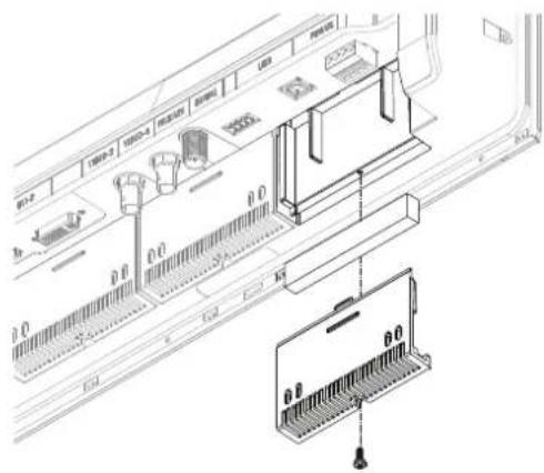 Technical diagram of a device layout with labeled components and an inset showing internal structure with slots and connectors.