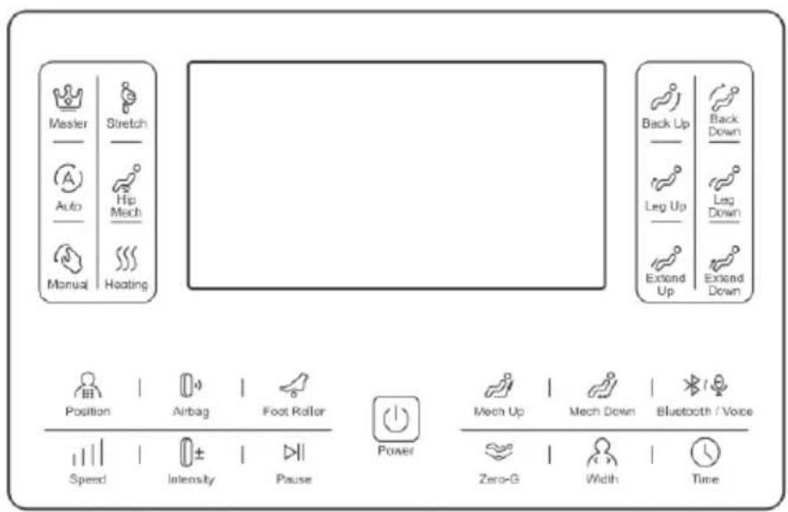 Master Stretch Auto Hip Mech Manual Hearing Back Up Black Down Leg Up Leg Down Extend Up Extend Down Position Airbag Foot Roller Speed Intensity Pause Power Mech Up Mech Down Bluetooth / Voice Zero-G Width Time